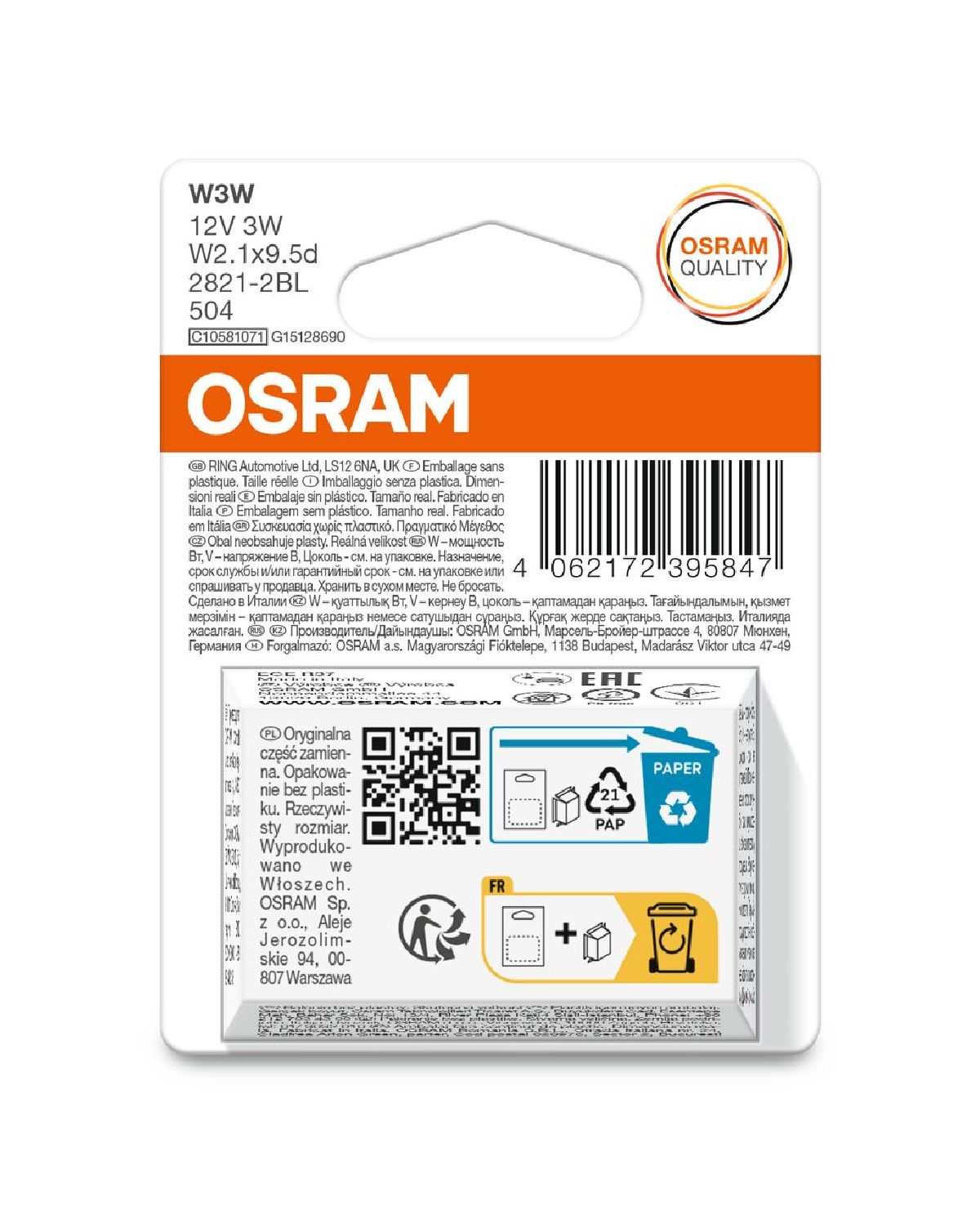 OSRAM Glassockellampe Doppelblister 12V 3W W 2,1x9,5d