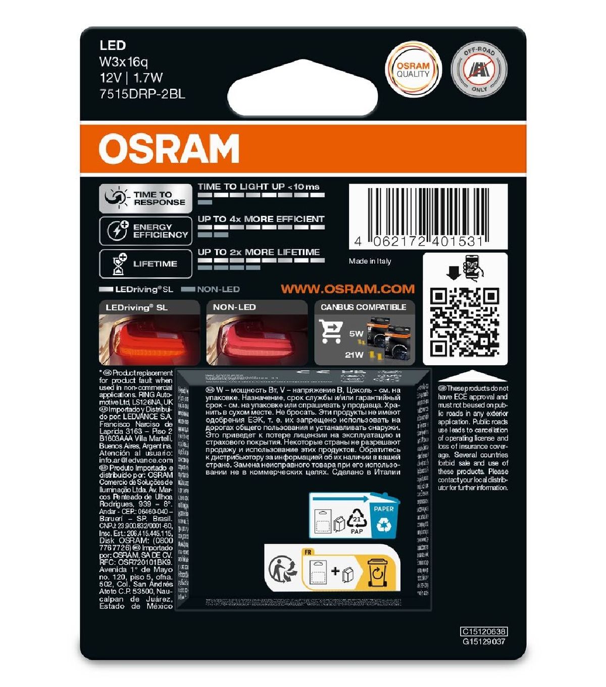 LEDriving SL RED 12V W21/5W double blister